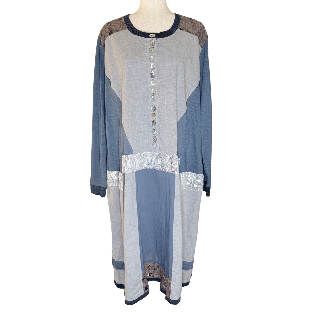 J. Peterman Mixed Media Midi Dress Women Large Blue Grey Lace Sequin Patchwork